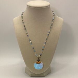 Vintage 925 Blue and Clear Crystal Beads with Iridescent Shell Pendant Necklace